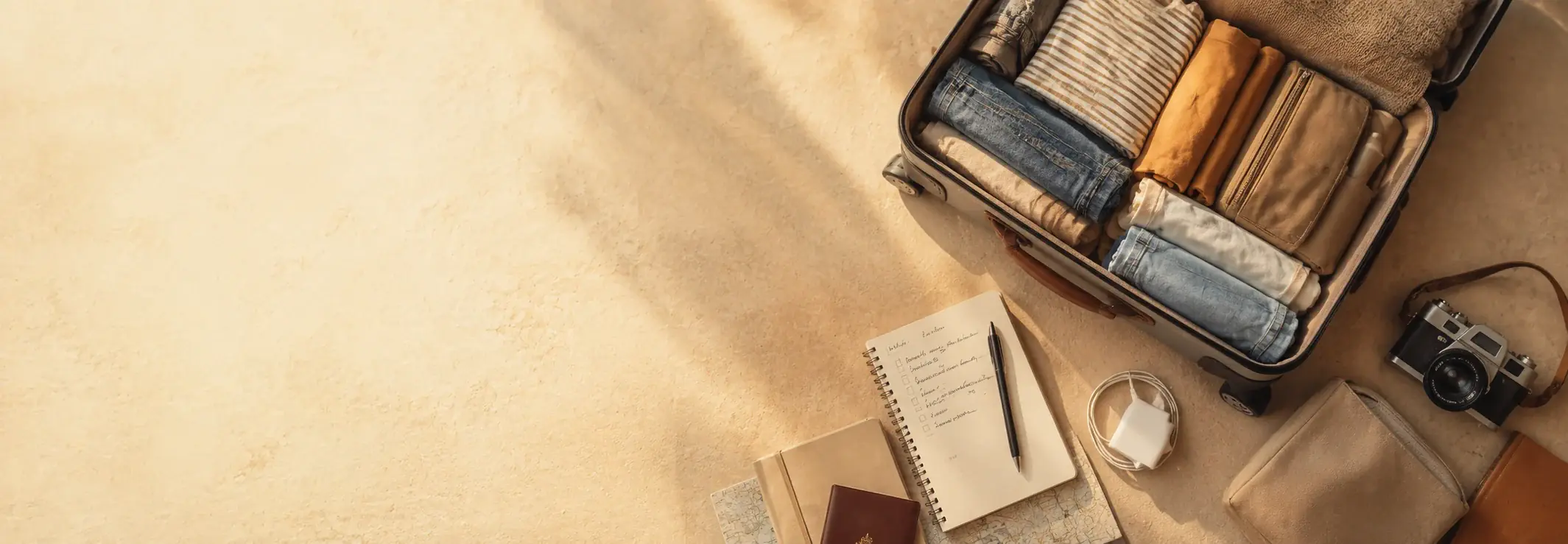 A packed suitcase, notebook and camera